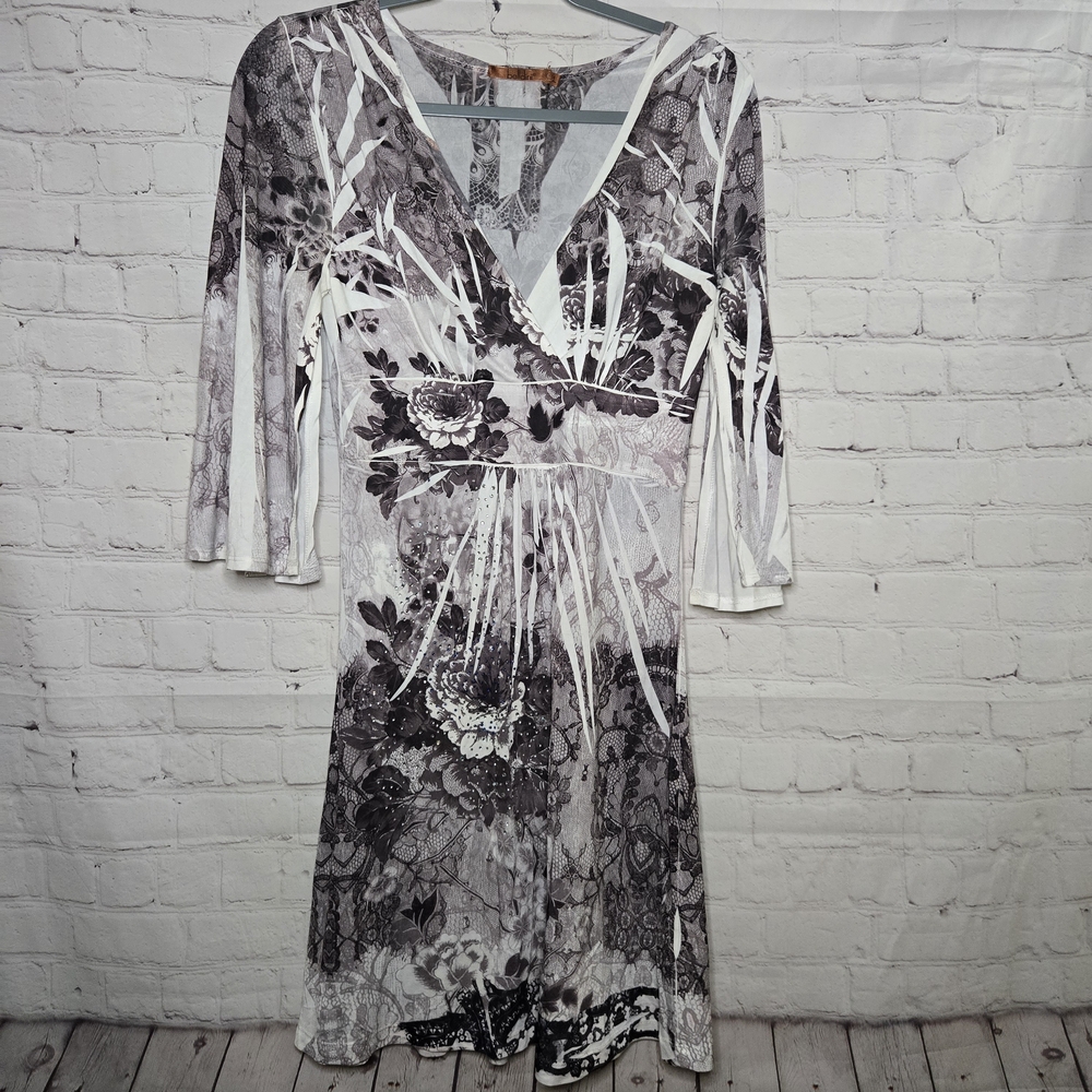 Y2k V Neck Empire Waist Butterfly Split Slevve Metalic Silver Black Fairy Dress - Picture 12 of 13